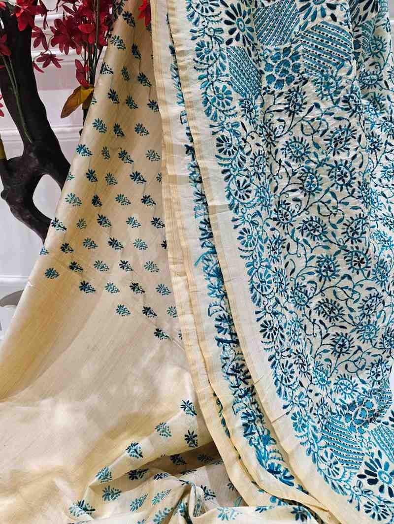 Hand Stitched Kadhwa Kantha Saree - Tiffary Blue