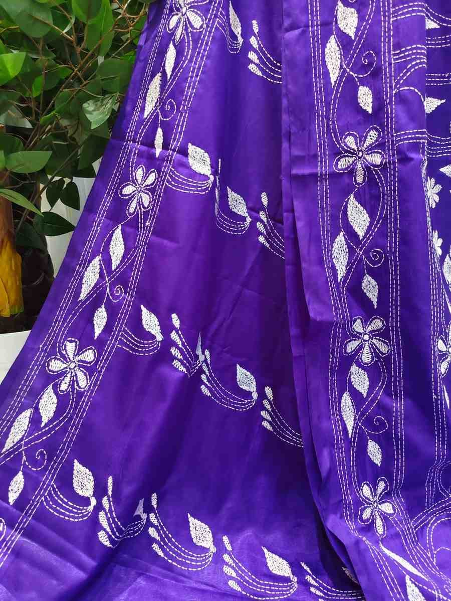 Bangalore Silk Kantha Saree - Russian Violet