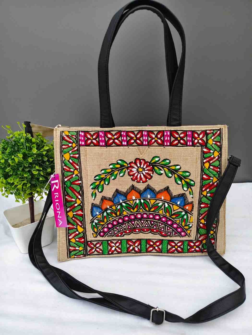Handpainted Madhubani Box Tote Jute Bag - Mandala Design