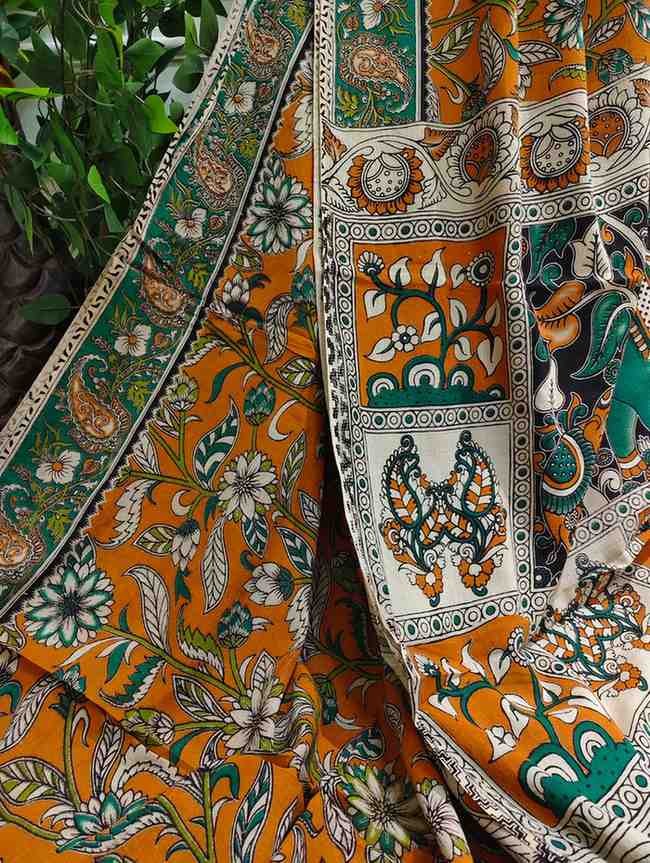'Kalindi' Orange with Green & Floral creepers design cotton Kalamkari Saree