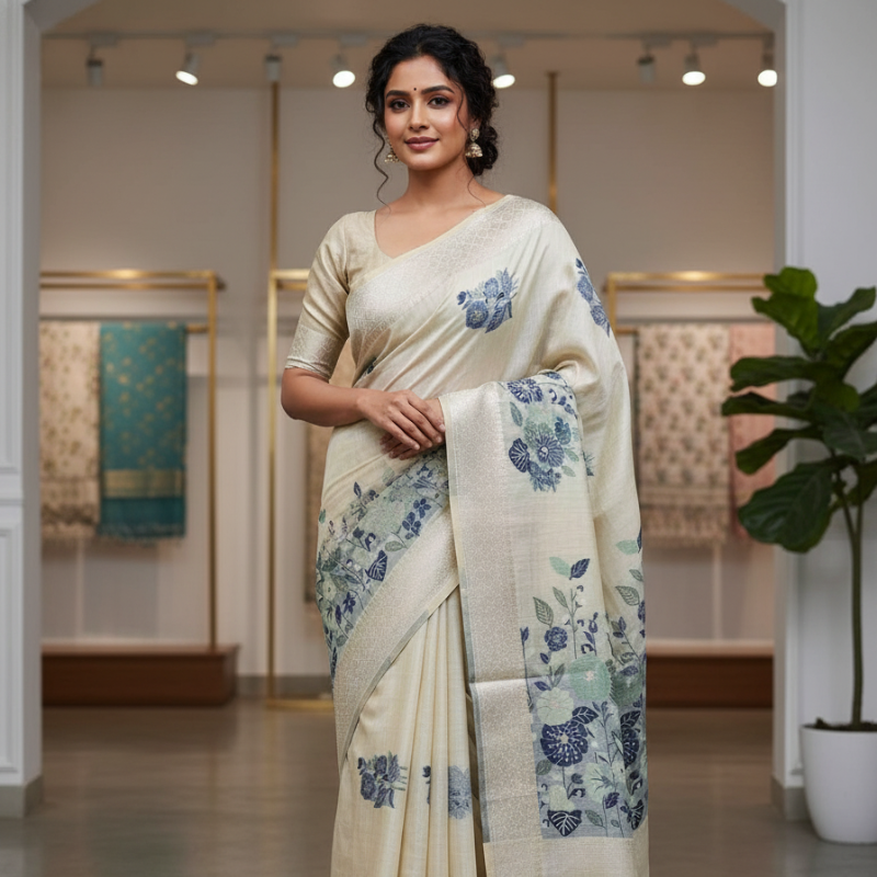 Off White Hue with Blue Floral Art Muga Jamdani Saree