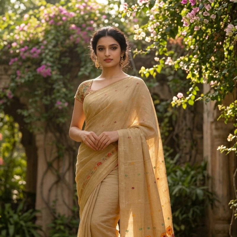 Riona Special Golden Bloom Muga Jamdani Saree