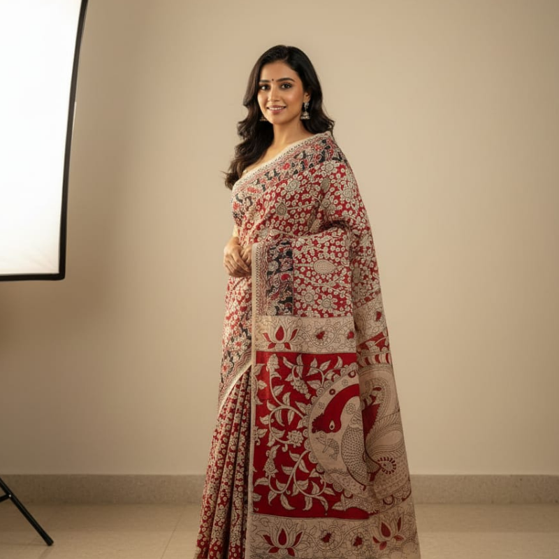 Red Canvas cotton kalamkari saree