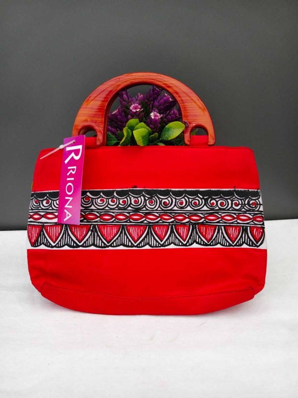 Handpainted Madhubani Silk Bag With Wooden handle -  Red