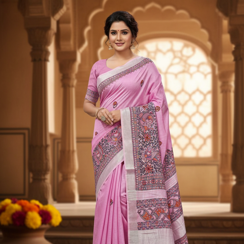 'Gulabi Mayuri' Hand painted Madhubani Blend Saree