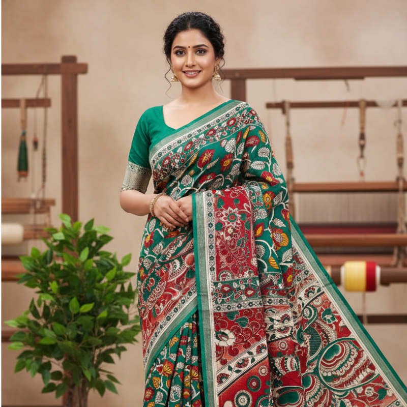 'Pakshiraji' Green canvas cotton Kalamkari Saree