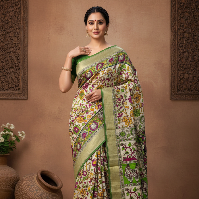 'Chitralekha' Off White Canvas with Floral motifs cotton Kalamkari Saree