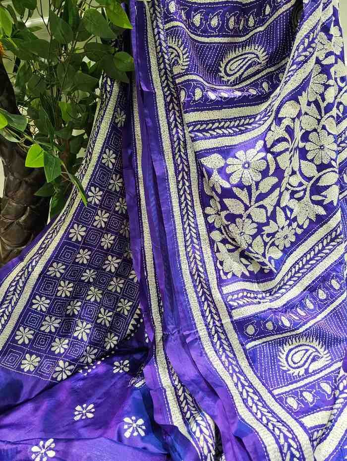 Bangalore Silk Blend Kantha Saree - Royal Blue