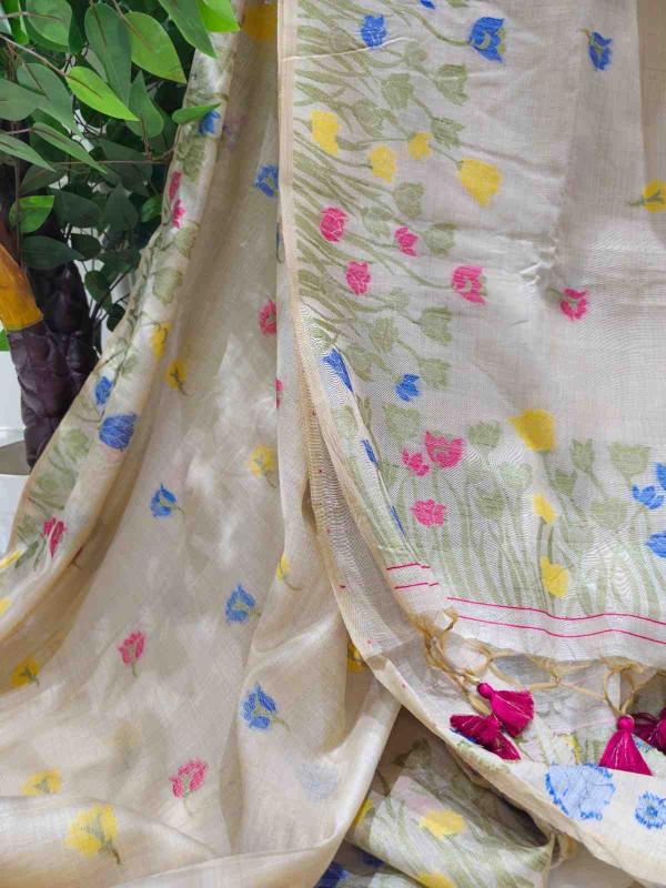 Muga Assam Silk – Off White with Magenta Lapis Floral Bloom