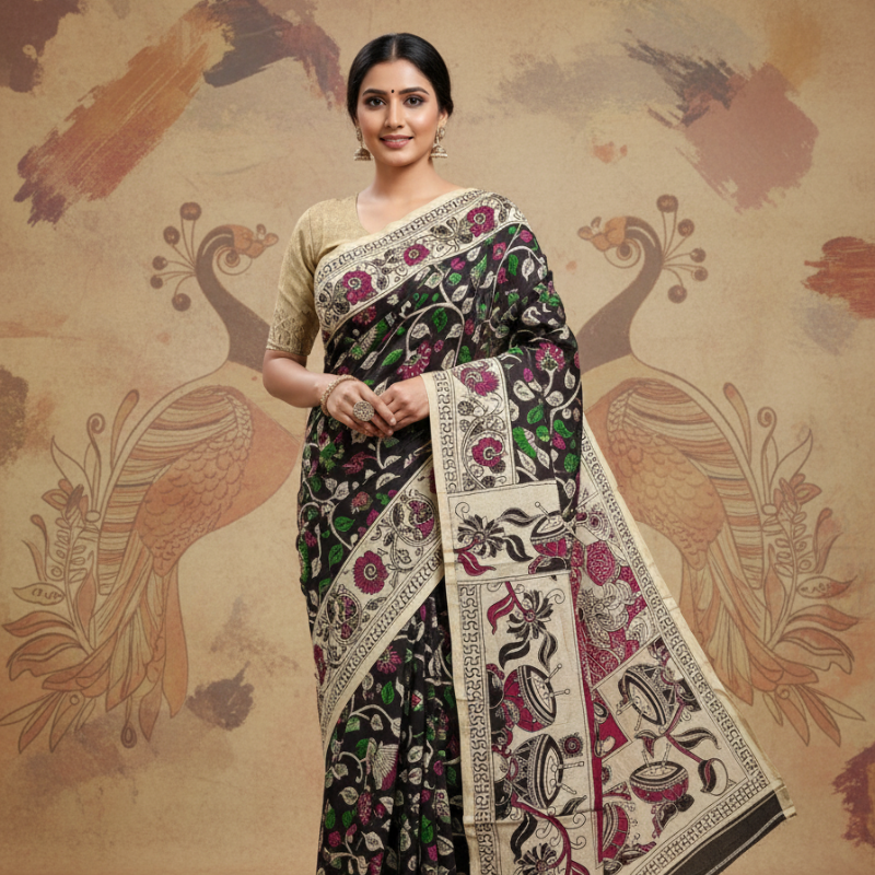 'Mayurmala' Black base with Peacock motifs cotton Kalamkari Saree