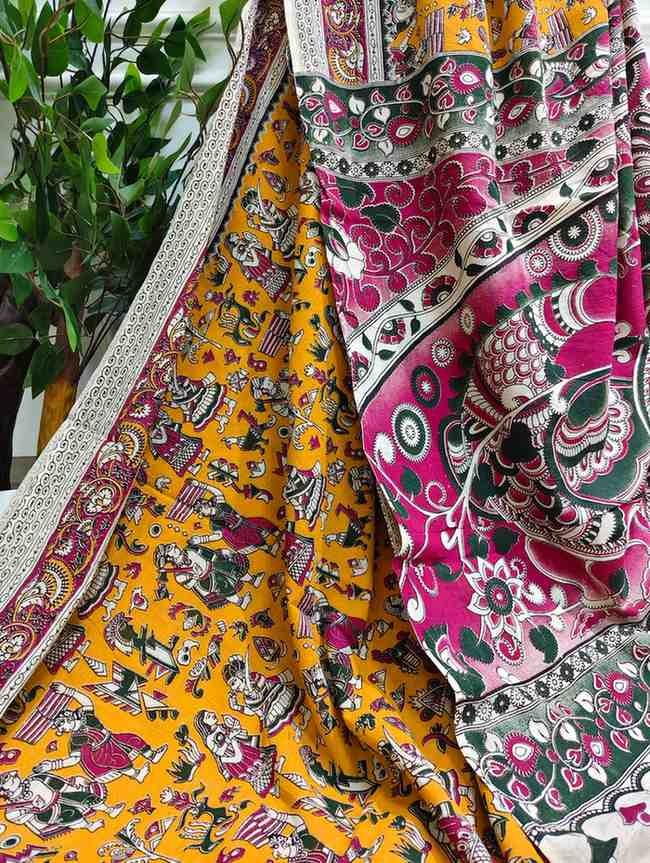 'Rangamala' Yellow canvas with Human motifs cotton Kalamkari Saree