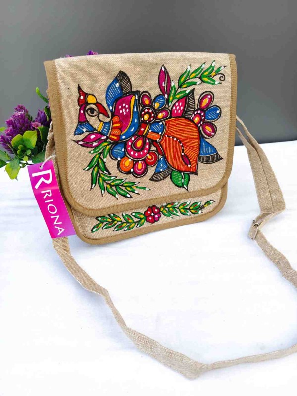 Handpainted Madhubani Jute Round cut Sling Bag - Peacock Design