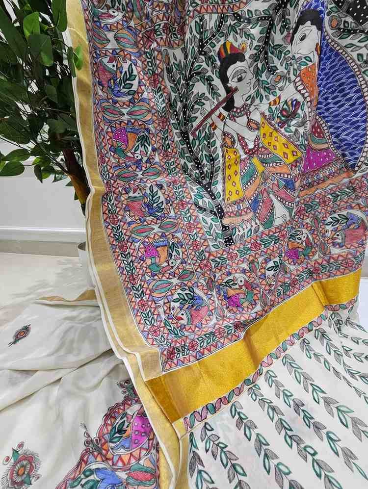 'Radha Krishna' Hand painted Madhubani Blend Saree