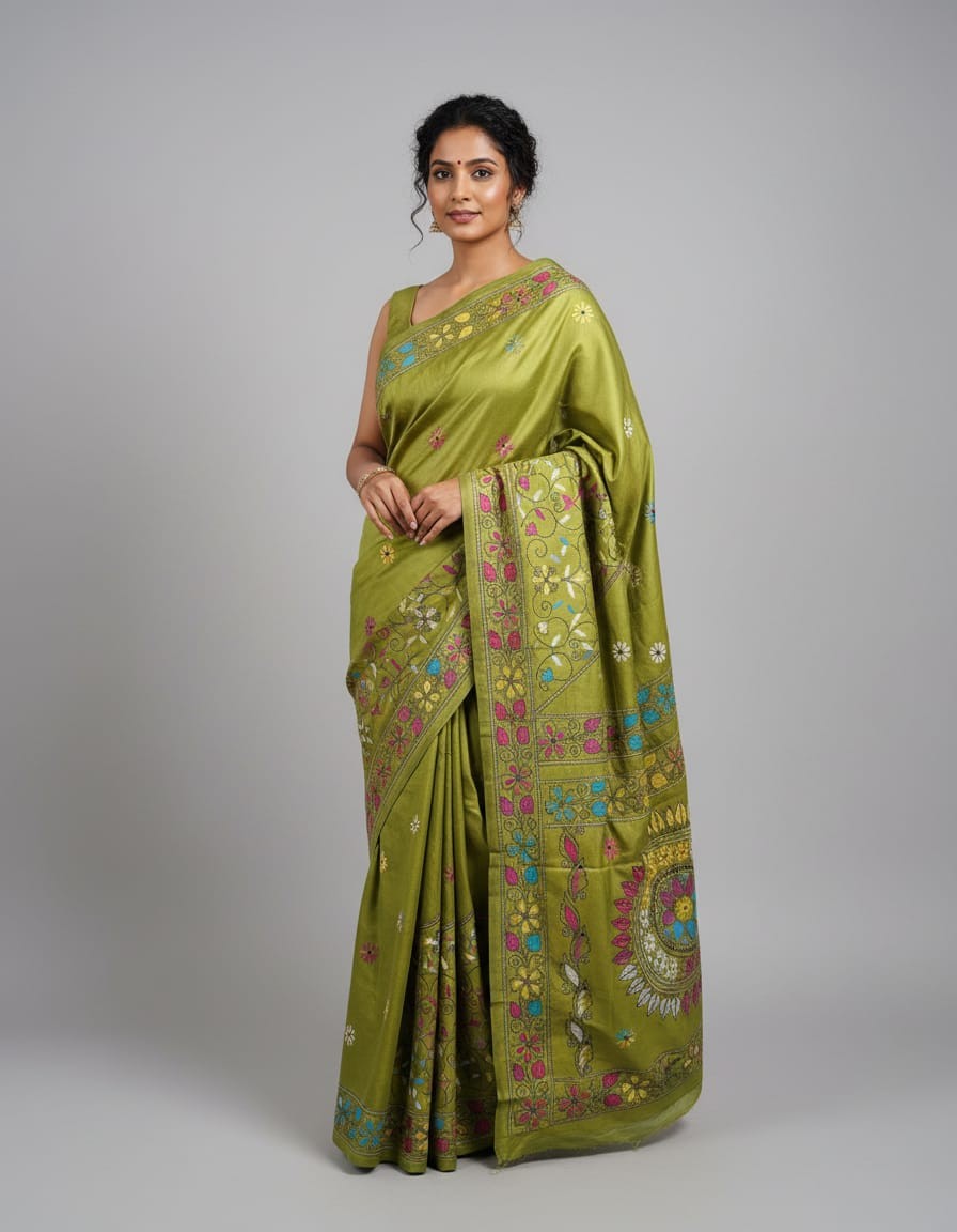 Bangalore Silk Blend Kantha Saree- Olive Green