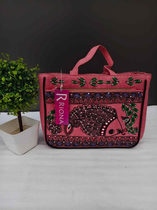 Handpainted Madhubani Double Chain Jute Handbag - Baby Pink
