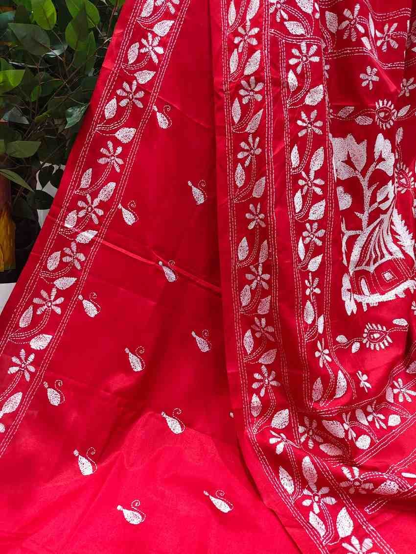 Bangalore Silk Kantha Saree - Red