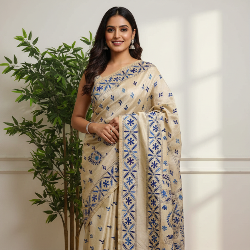Hand stitched fragmented kadwa kantha saree – Blue Koyari