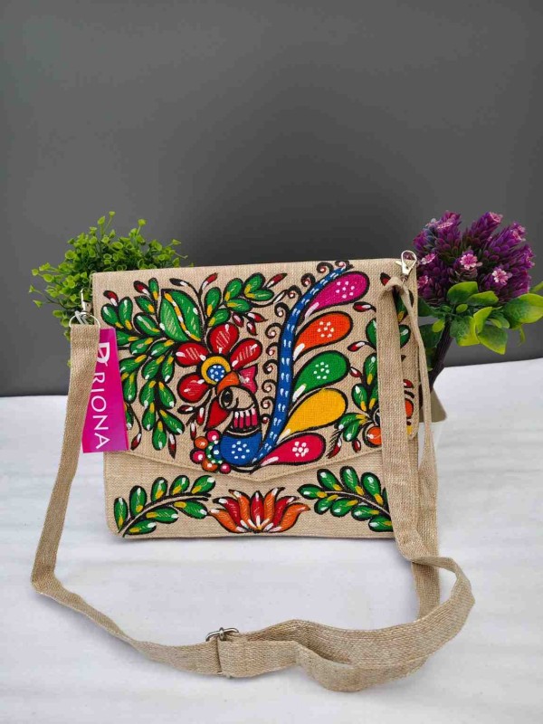 Handpainted Madhubani Jute V cut Sling Bag - Bird Design