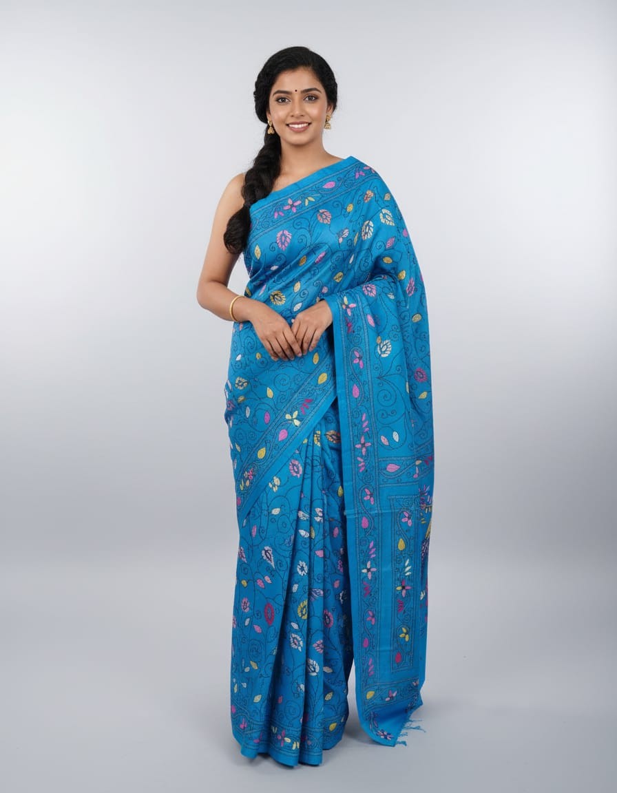 Bangalore Silk Blend Kantha Saree -  Deep Sky Blue With Peacock and Deer Design